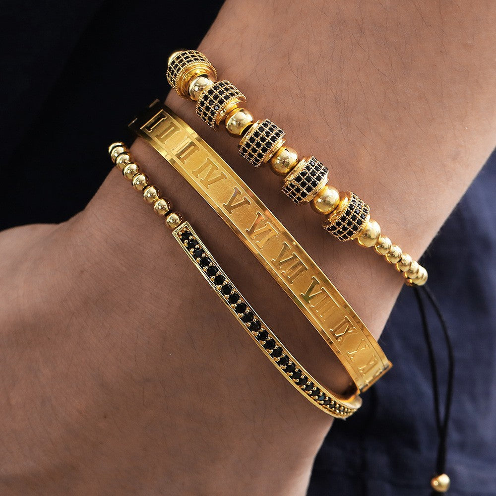 Cross-border stainless steel belt buckle bracelet, copper bead woven bracelet set of 2 bracelets, men's hip-hop bracelet.