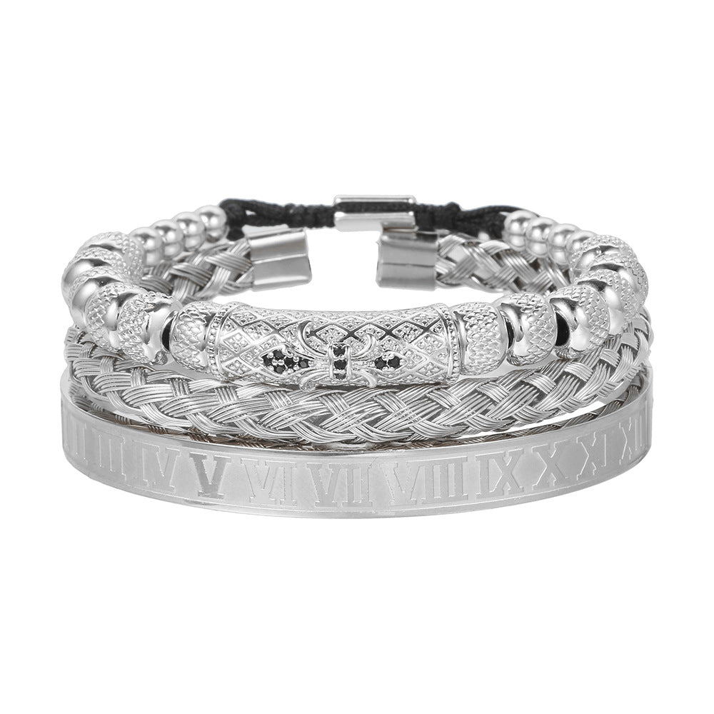 European and American retro zircon pipe bend braided bracelet bracelet set, dripping Roman letter braided stainless steel bracelet