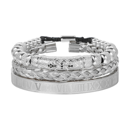 European and American retro zircon pipe bend braided bracelet bracelet set, dripping Roman letter braided stainless steel bracelet