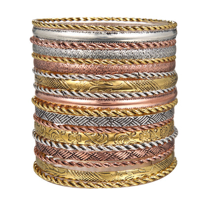 Cross-border hot-selling ethnic style metal bracelets for women, vintage stacked gold hammered pattern bracelet set of nineteen