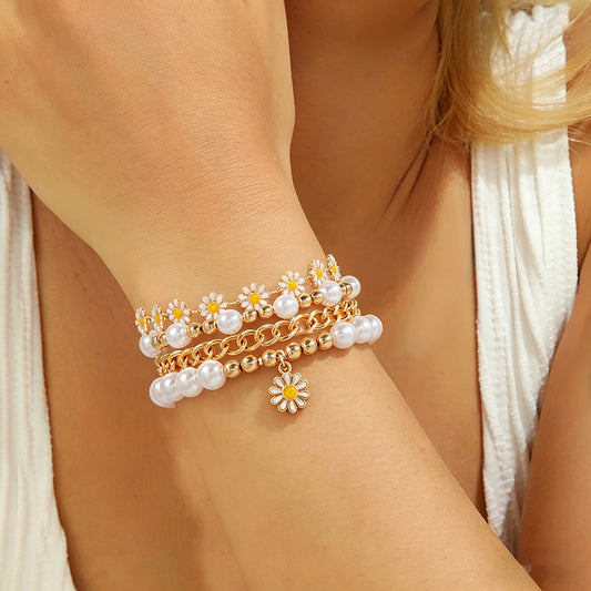 Europe and the United States cross-border summer vacation wind flower bracelet set Bohemian beach wind daisy pearl bracelet wholesale