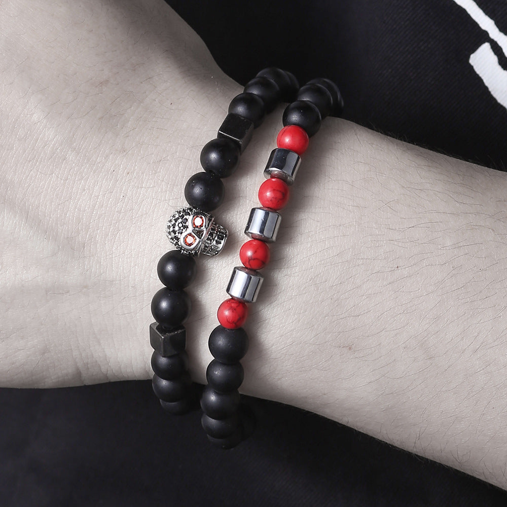 Micro-inlaid zircon skull bracelet set of 2, a set of black matte red pine beaded bracelet combination jewelry wholesale