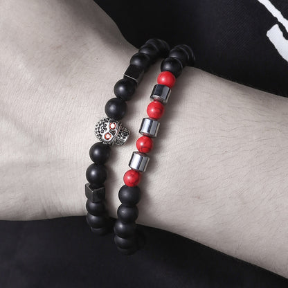 Micro-inlaid zircon skull bracelet set of 2, a set of black matte red pine beaded bracelet combination jewelry wholesale