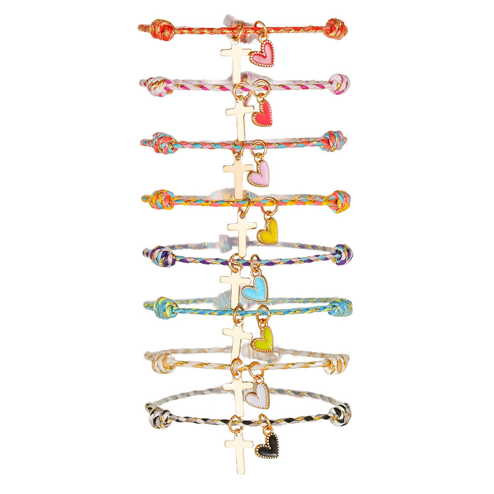 INS Rainbow Braided Love Stacked Hand Rope Couple Gold Cross Dripping Oil Peach Heart Pendant Friendship Bracelet Women