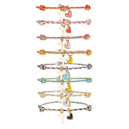 INS Rainbow Braided Love Stacked Hand Rope Couple Gold Cross Dripping Oil Peach Heart Pendant Friendship Bracelet Women