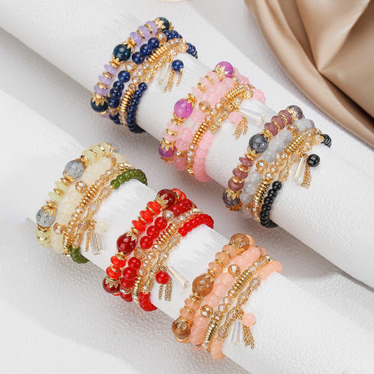 Bohemian imitation agate colored glass crystal bracelet ethnic style chain fringed pendant beaded multi-layer bracelet