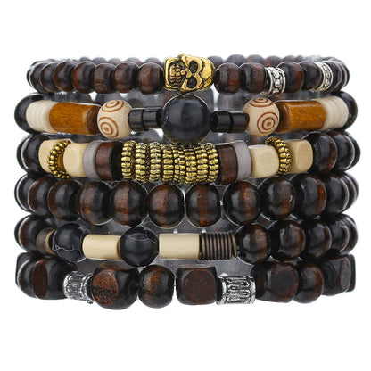 Cross-border hot-selling wood bead alloy multi-layer elastic bracelet bracelet combination European and American retro men's beaded hip-hop bracelet