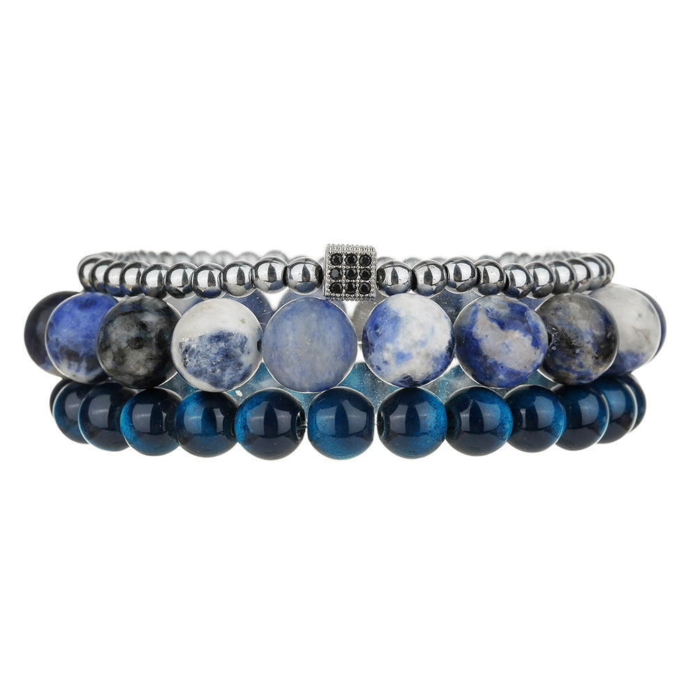 Give boyfriend gifts, fashionable and simple blue dots, blue tiger eyes, beaded elastic bracelet set, multi-layer stacked zircon bracelet.