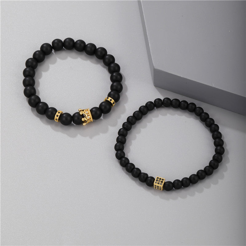 Cross-border hot-selling 6/8mm black frosted stone Buddha bead bracelet, micro-inlaid zircon crown dice set couple bracelet men