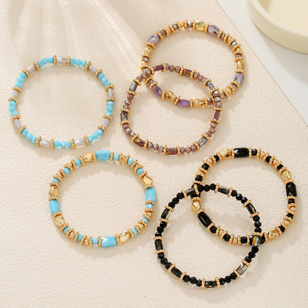 European and American hot-selling 2-piece set Bohemian cut glass bead bracelet multi-color rectangular bead beaded elastic bracelet