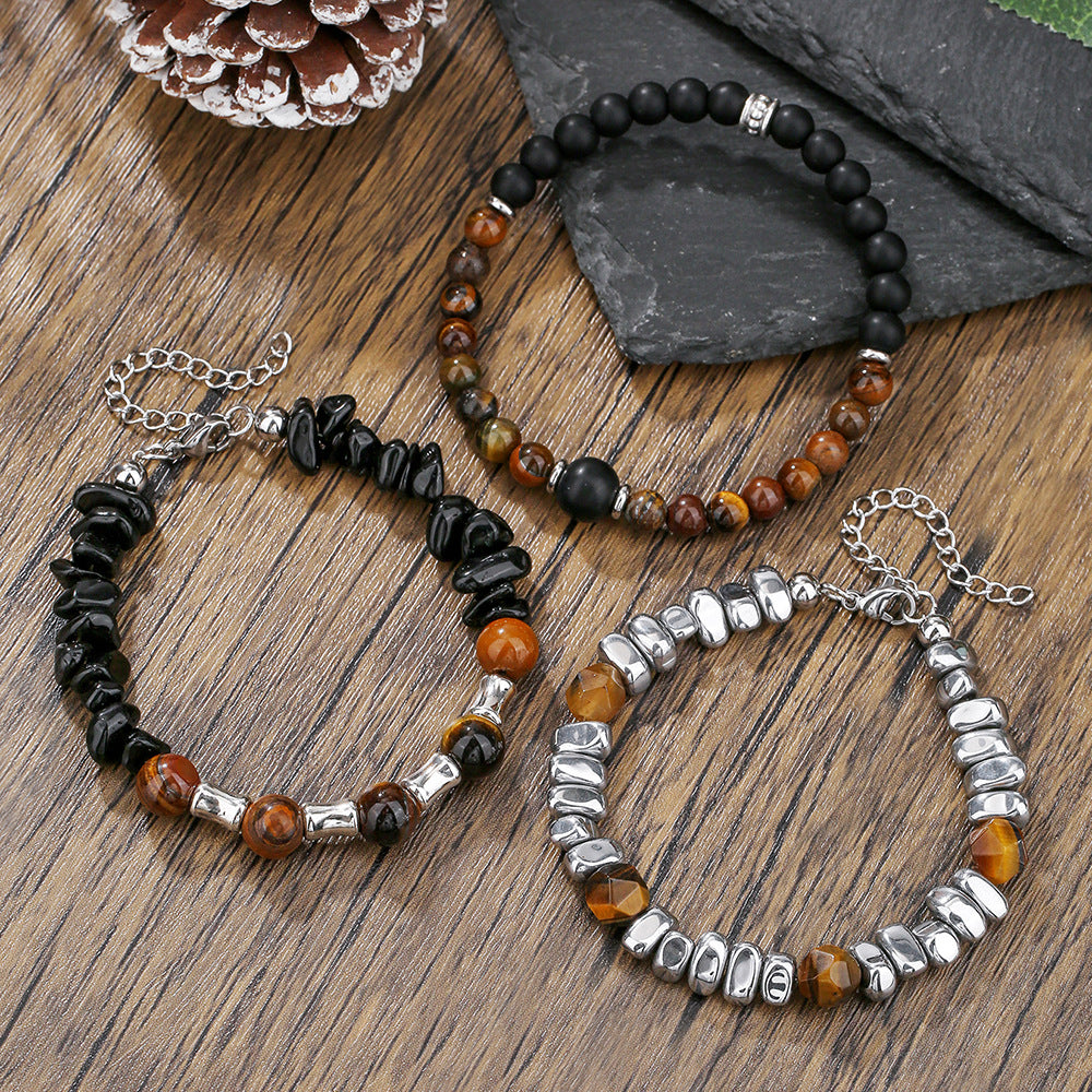 Irregular cut black gallstone broken silver tiger's eye stone elastic beaded bracelet men's business bracelet stacked bracelet