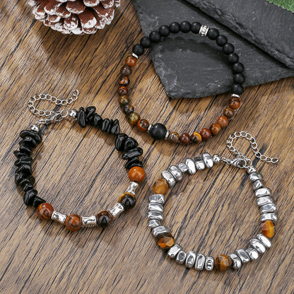 Irregular cut black gallstone broken silver tiger's eye stone elastic beaded bracelet men's business bracelet stacked bracelet