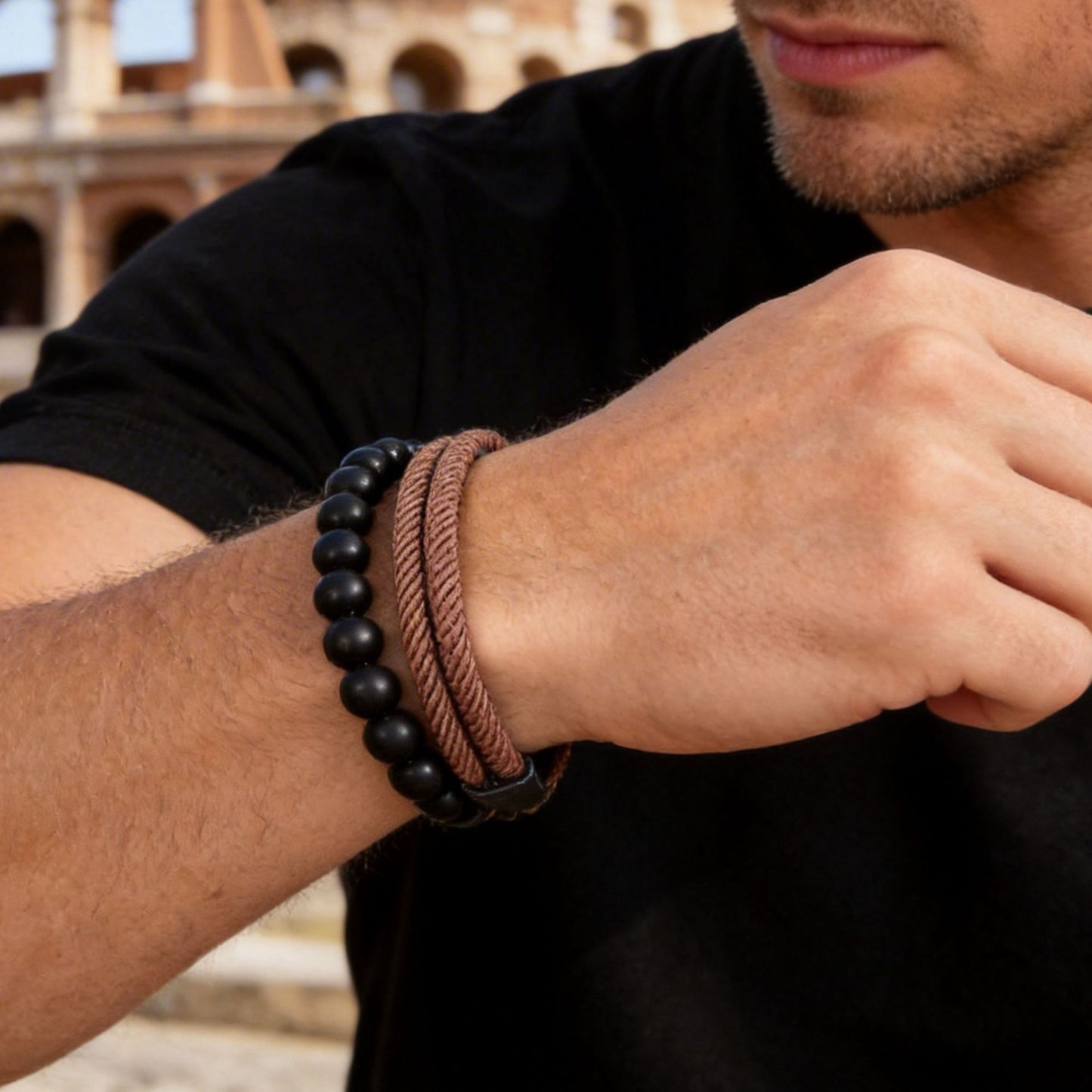 Europe and the United States hot-selling black rope adjustable Milan rope black magic sand beaded bracelet combination retro men's faith bracelet