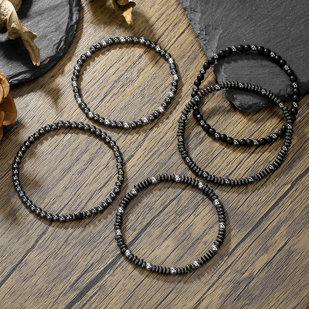 European and American new versatile handmade beaded bracelet set couple beach wind geometric hip-hop black gallstone elastic jewelry