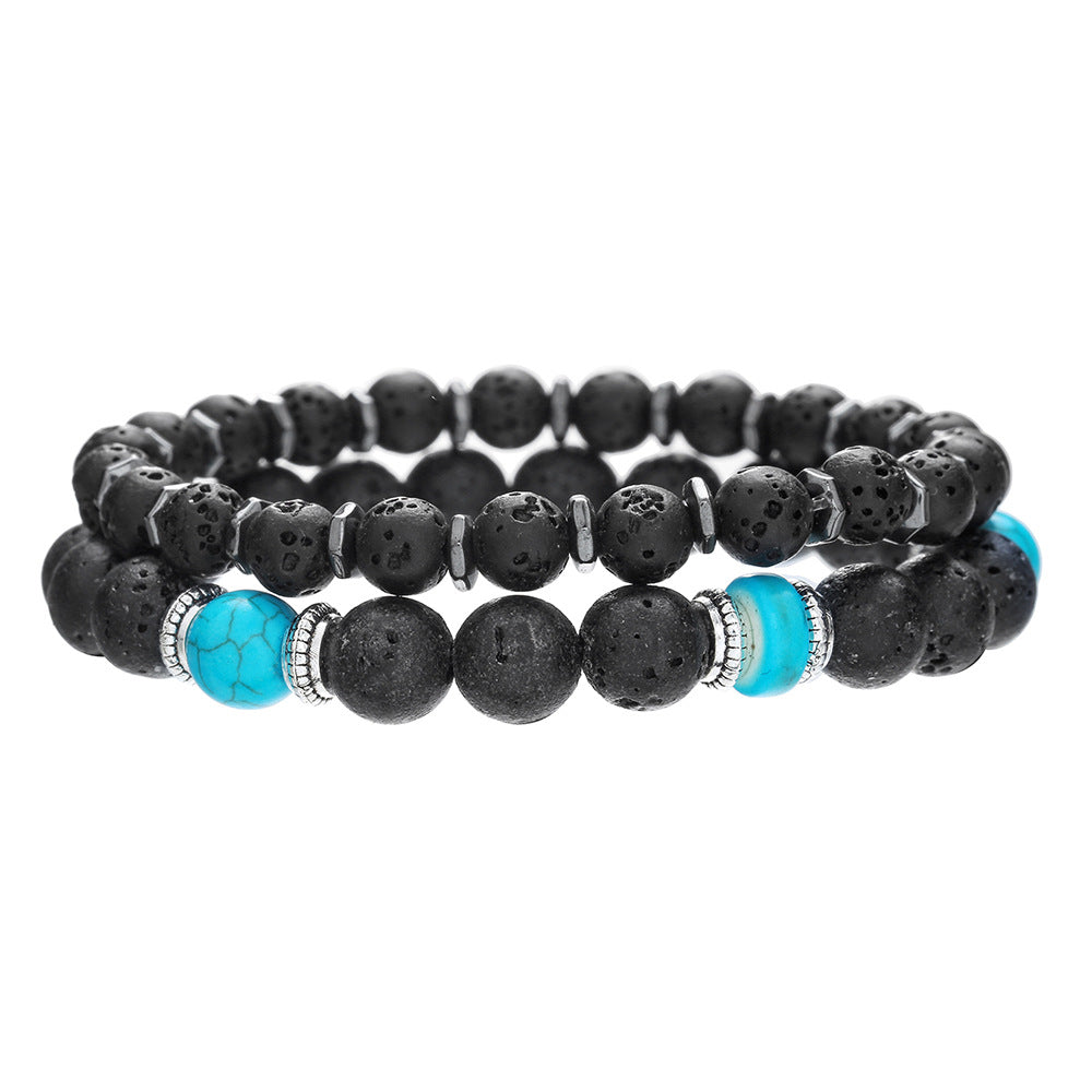 European and American new retro men's turquoise volcanic stone beaded bracelet simple design double-layer stacked bracelet combination