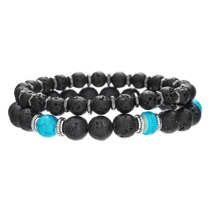 European and American new retro men's turquoise volcanic stone beaded bracelet simple design double-layer stacked bracelet combination