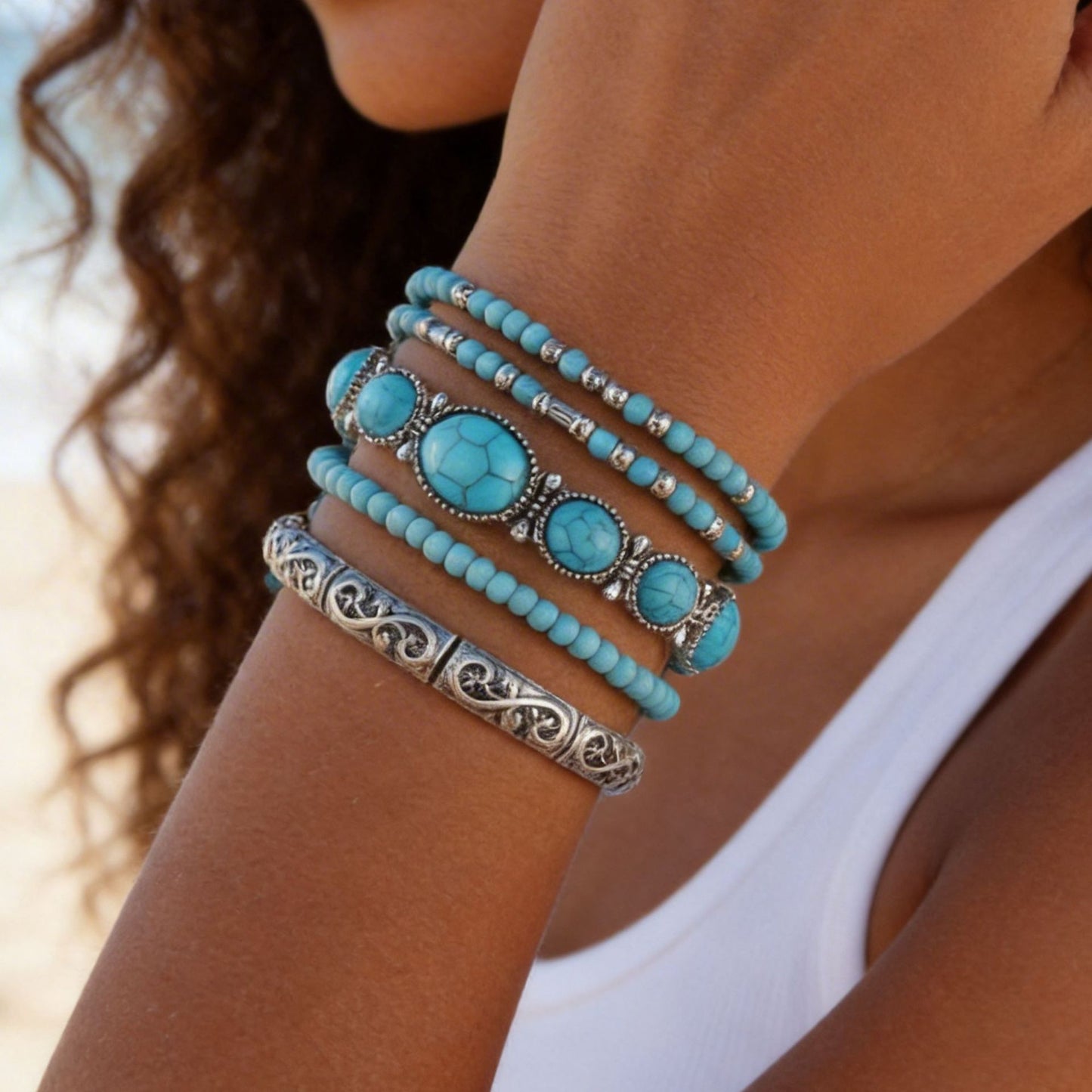 Cross-border hot-selling ethnic style imitation turquoise bracelet, European and American personalized commuting stacking and wearing jewelry combination vacation bracelet