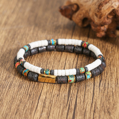 Cross-border personalized trend American double-layer stacked bracelet, black gallstone volcanic stone jewelry set, versatile men's bracelet.
