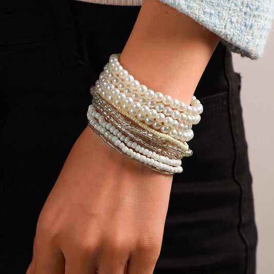 Cross-border European and American new jewelry combination set fashionable personalized texture multi-layer 11 pearl rice bead bracelet bracelet