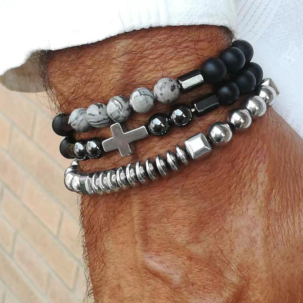 European and American new versatile handmade beaded bracelet set couple beach wind geometric hip-hop black gallstone elastic jewelry