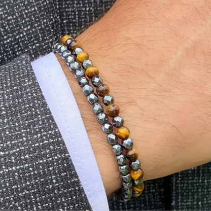 Irregular Cut Black Gallstone Elastic Beaded Bracelet Men's Business Bracelet Stacked Tiger's Eye Bracelet Men's Combination