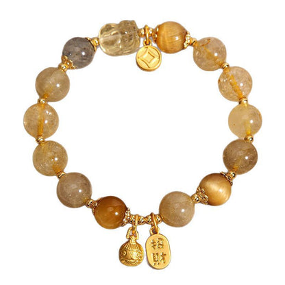 Natural golden crystal moonstone bracelet, female gold swallowing beast yellow tiger eye stone yellow hair crystal bracelet for girlfriend and girlfriend.