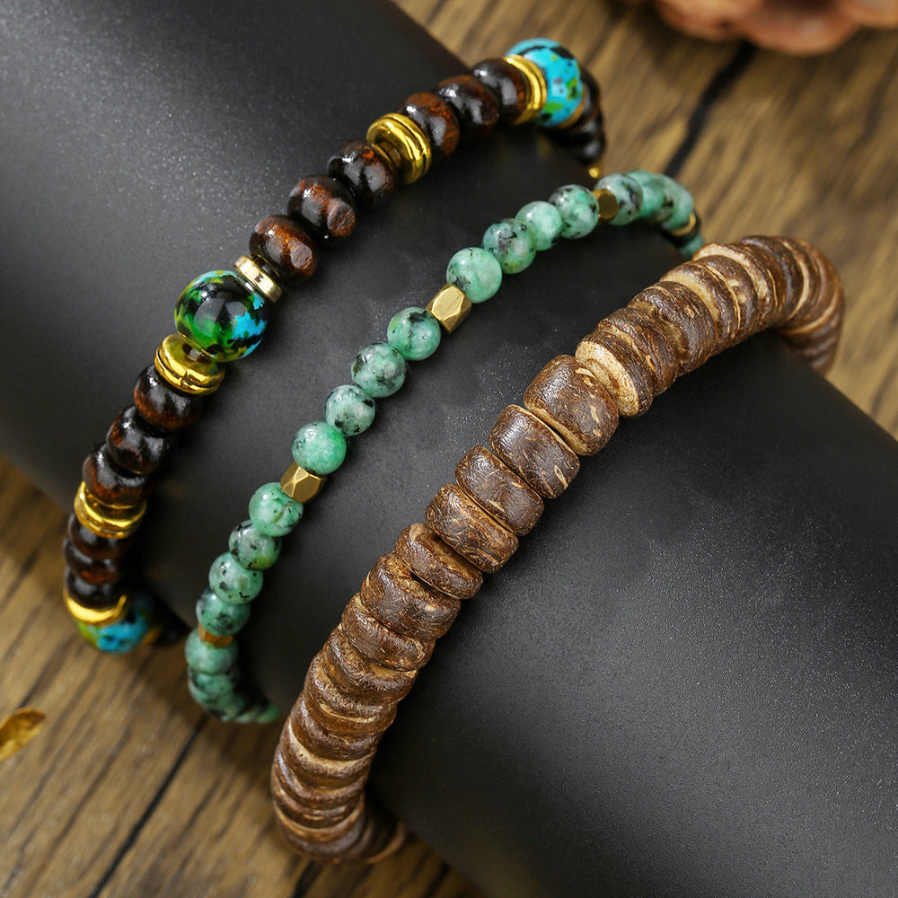 Cross-border supply European, American natural wood beads African turquoise coconut shell elastic bracelet DIY handmade 3-piece wooden bead bracelet