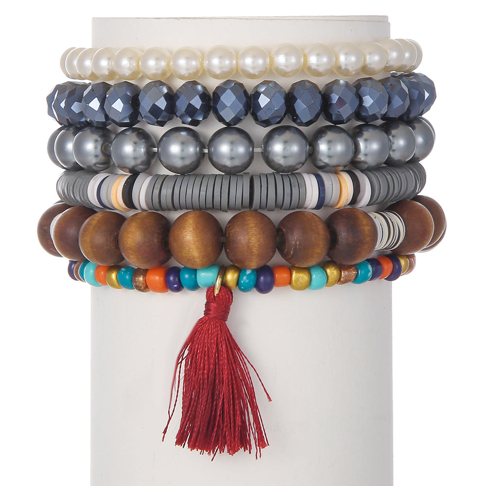 Cross-border fashion bohemian glass bead wood bead pearl bracelet multi-layer elastic soft pottery bracelet combination set