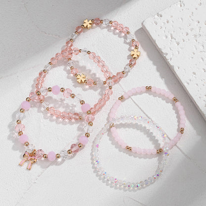 Cross-border new fresh and sweet pink crystal bracelet beaded elastic women's bracelet set butterfly festival pendant handmade