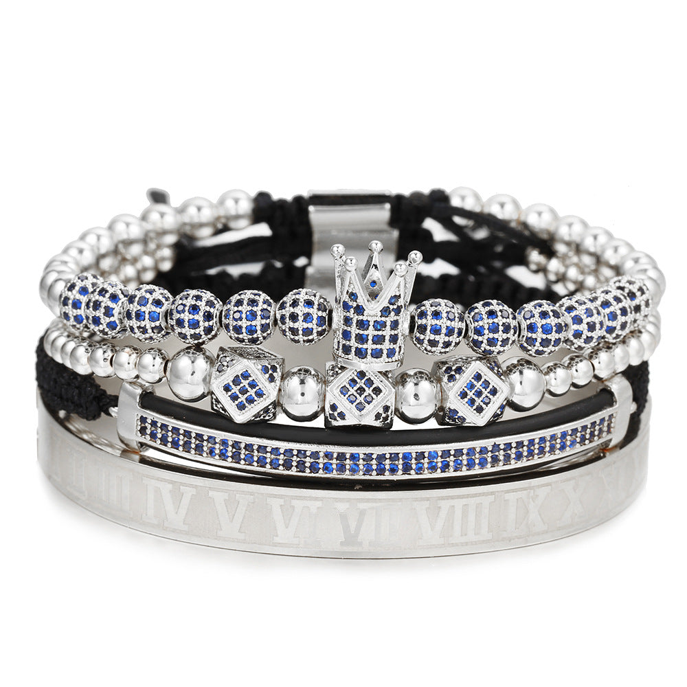 European and American men's micro-inlaid zircon diamond ball crown bracelet, diamond bracelet set, stainless steel Roman bracelet four-piece set