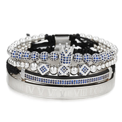 European and American men's micro-inlaid zircon diamond ball crown bracelet, diamond bracelet set, stainless steel Roman bracelet four-piece set