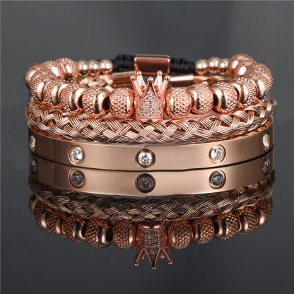 Diamond-encrusted stainless steel bracelet woven pineapple bead crown bracelet bracelet set C-shaped titanium steel open bracelet men