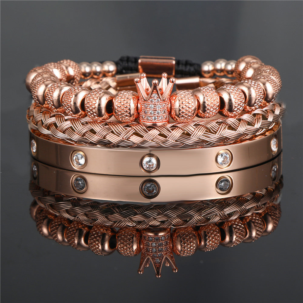 Copper micro-inlaid zircon double leopard head black agate woven bracelet men's stainless steel Roman bracelet stacked bracelet combination