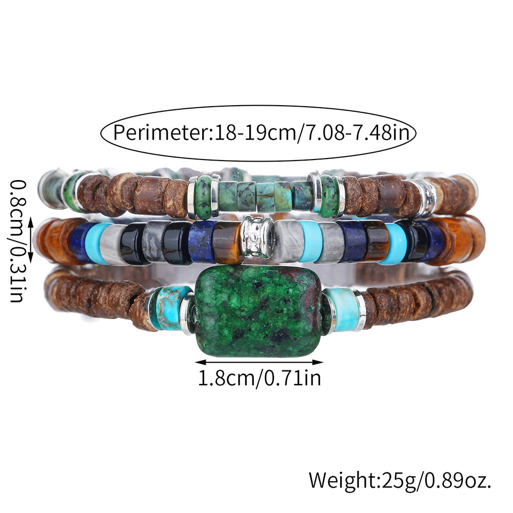 Natural rough stone beaded bracelet, European and American retro vacation style men's bracelet set, elastic coconut shell wood chip bracelet for women