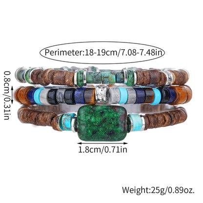 Natural rough stone beaded bracelet, European and American retro vacation style men's bracelet set, elastic coconut shell wood chip bracelet for women