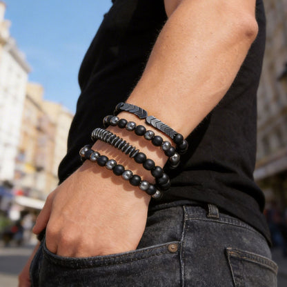 Cross-border new men's beaded bracelet set, black gallstone elastic bracelet, European and American style black combination bracelet wholesale.