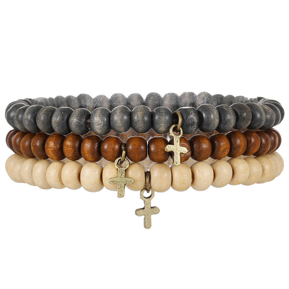 European and American new retro wind wood bead stacking bracelet men's beaded cross pendant bracelet set wholesale bracelet