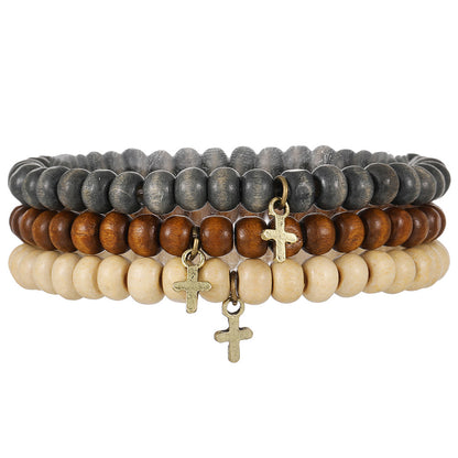 European and American new retro wind wood bead stacking bracelet men's beaded cross pendant bracelet set wholesale bracelet