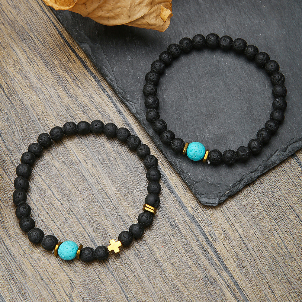 Ins Internet celebrity wind volcanic stone bracelet set simple versatile black gallstone cross elastic bracelet couple bracelet