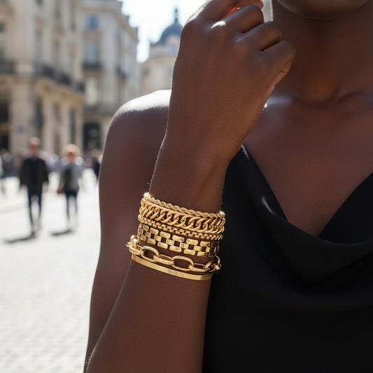 European and American cross-border hot-selling paper clip twist snake bone chain bracelet combination multi-layer women's metal thick chain bracelet