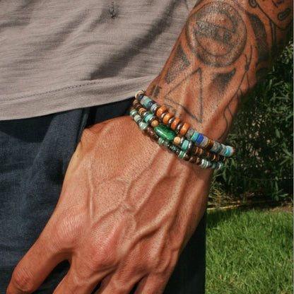 Natural rough stone beaded bracelet, European and American retro vacation style men's bracelet set, elastic coconut shell wood chip bracelet for women