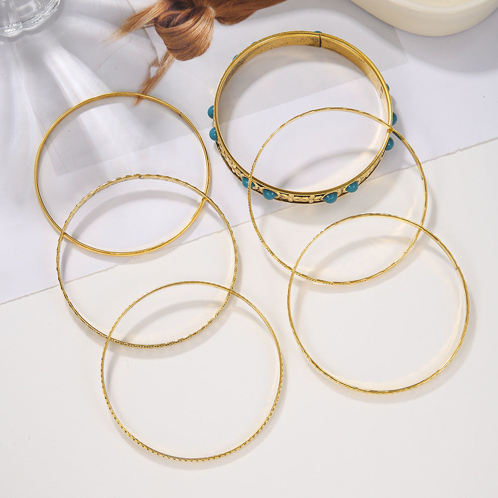 European and American retro ethnic style vacation exaggerated metal bracelet bracelet bracelet set Bohemian style synthetic turquoise bracelet