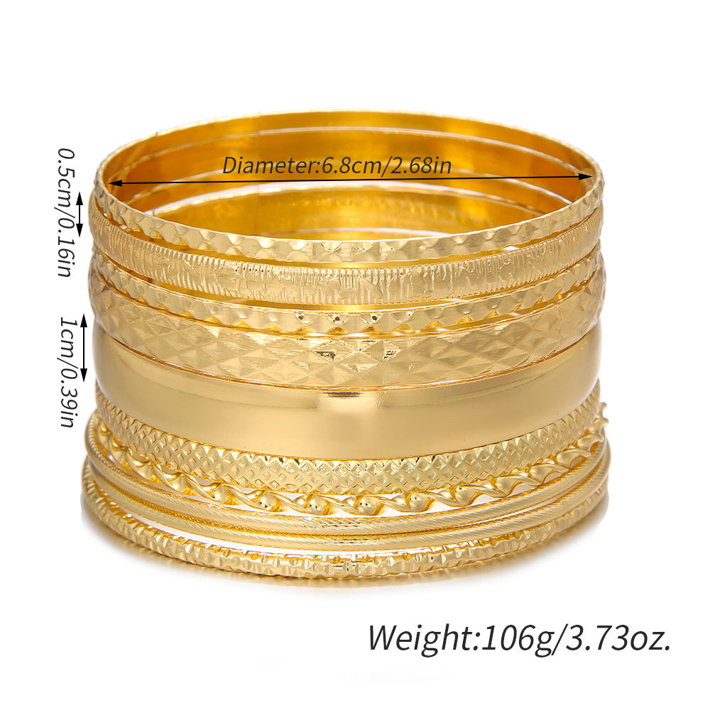 Cross-border new metal bracelet set, female exaggerated bohemian feng shui ripple smooth surface stacked bracelet 10-piece set