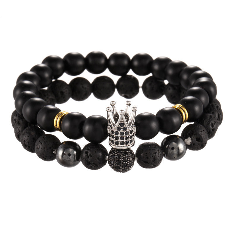 Cross-border jewelry 8mm black matte volcanic stone mixed with micro-inlaid zircon diamond ball crown bracelet, set.