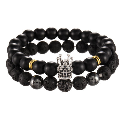 Cross-border jewelry 8mm black matte volcanic stone mixed with micro-inlaid zircon diamond ball crown bracelet, set.