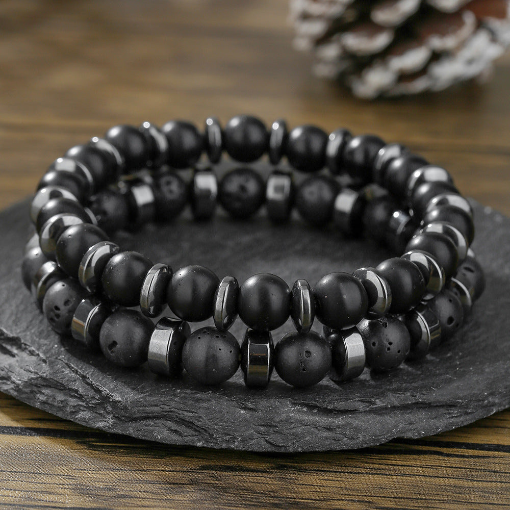 Fashion Personality Volcano Stone Black Magic Sand Black Gallstone Beaded Elastic Bracelet Men's 2-piece Commuter Vacation Bracelet