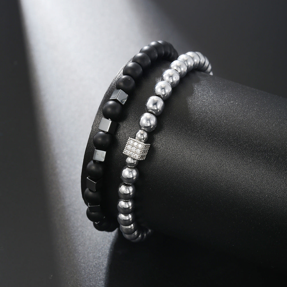Cross-border new 8mm black matte black gallstone bracelet set copper micro-inlaid zircon square elastic bracelet bracelet men