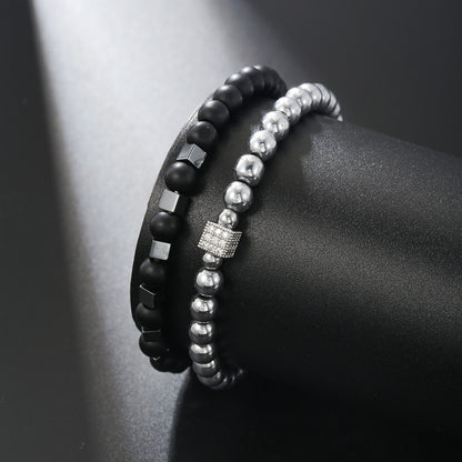Cross-border new 8mm black matte black gallstone bracelet set copper micro-inlaid zircon square elastic bracelet bracelet men