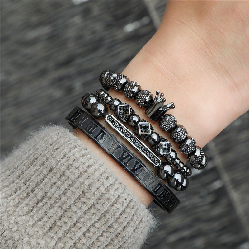 Cross-border explosive copper inlaid zircon bracelet combination stainless steel open bracelet woven crown bracelet stacked bracelet men