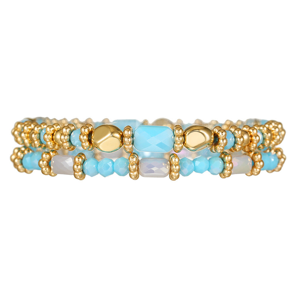European and American hot-selling 2-piece set Bohemian cut glass bead bracelet multi-color rectangular bead beaded elastic bracelet